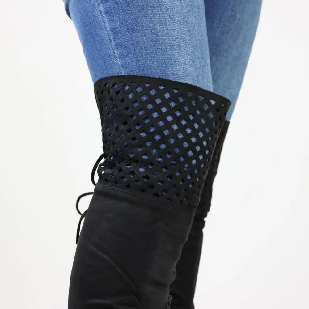 Black Thigh High Over The Knee Flat Boots Faux Suede - Picture 14 of 15